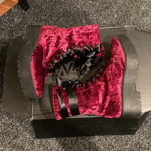 Dolls Kill Widow Burgundy Velvet Boots
